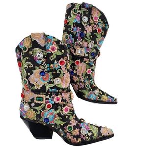 Azalea Wang Diligent Black Brocade Jewel Encrusted Short Cowboy Boots NWT